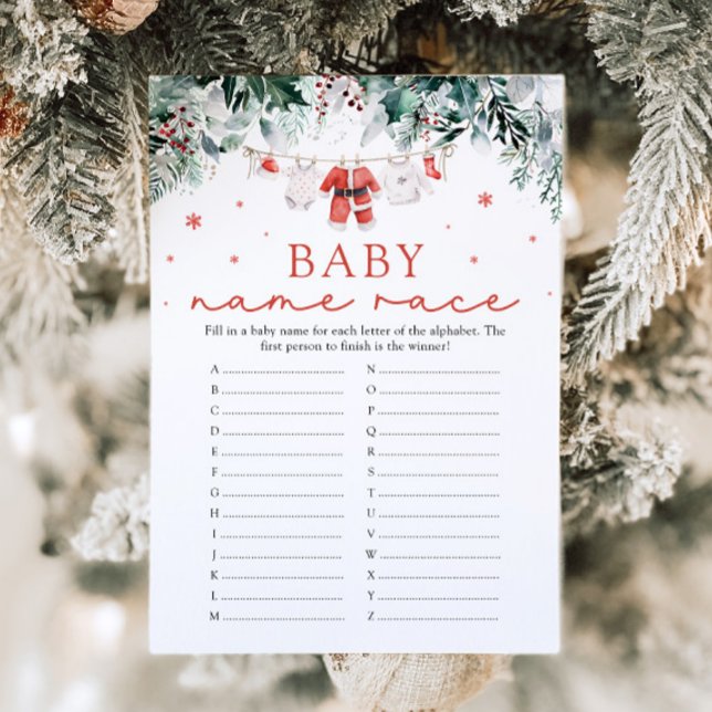 Invitation Jeu de bain de bébé pour la fête prénatale de Noël (Watercolor Cute Christmas Santa Baby Name Race Baby Shower Game)