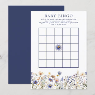Invitation Jeu de Bingo Baby Shower Bohème Fleur Sauvage Bleu