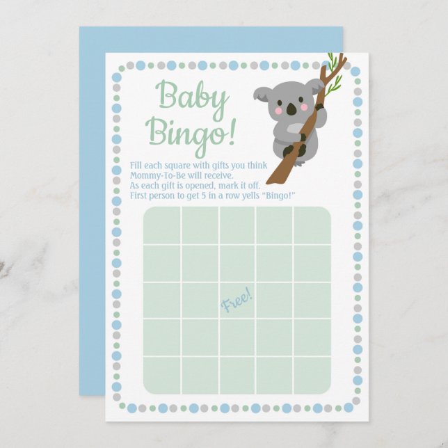 Invitation Jeu de bingo Baby Shower Koala Bear Blue Boy (Devant / Derrière)