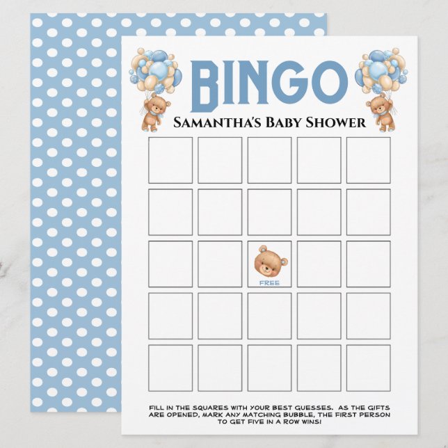 Invitation Jeu de bingo Baby Shower Teddy Boy Bubbly Bleu  (Devant / Derrière)