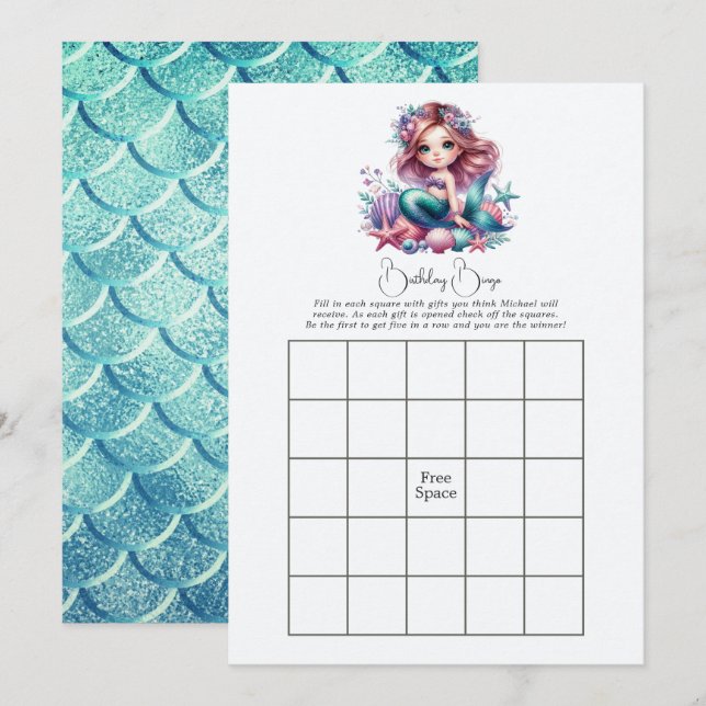 Invitation Jeu de Bingo d'anniversaire de sirène sous la mer (Devant / Derrière)