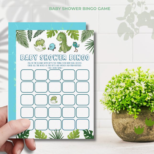 Invitation Jeu de Bingo de Baby shower de Dinosaur - Ouvertur (Boy Dinosaur Baby Shower Bingo Game - Gift Opening Invitation)
