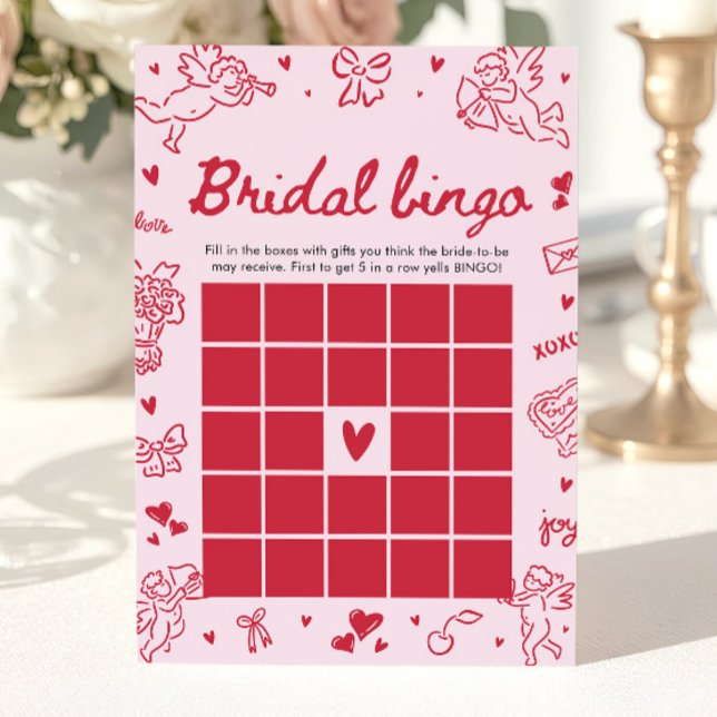 Invitation Jeu de bingo de baby shower de mariage à la Saint- (Hand Drawn Valentine Bridal Bingo Baby Shower Game)