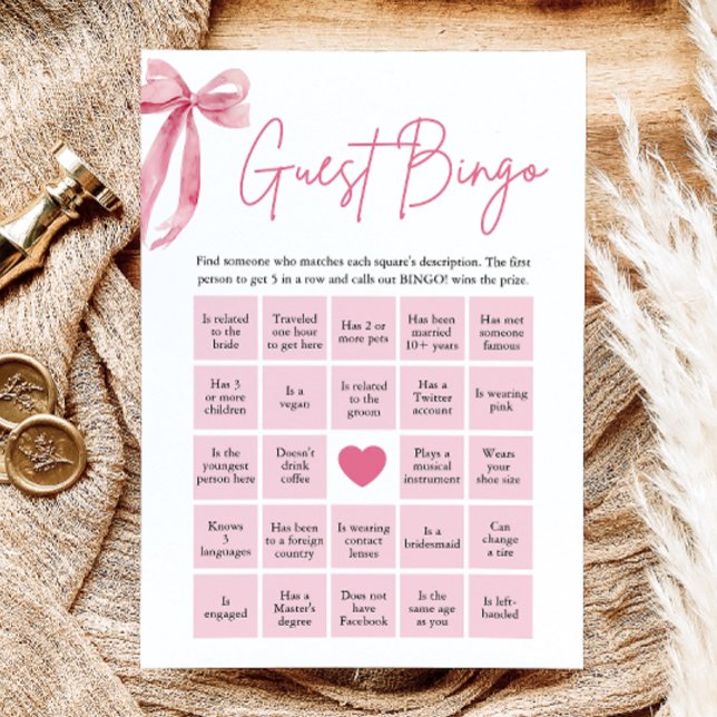 Invitation Jeu de Bingo de Fête de Fiançailles à l'Arc Rose T (Pink Bow Find the Guest Bingo Bridal Shower Game)