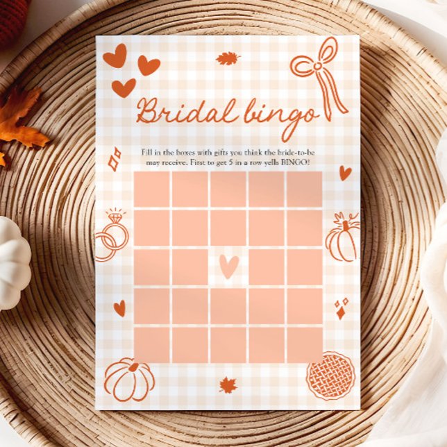 Invitation Jeu de bingo de mariage à carreaux orange dessinés (Fall Hand Drawn Orange Gingham Bridal Bingo Game)