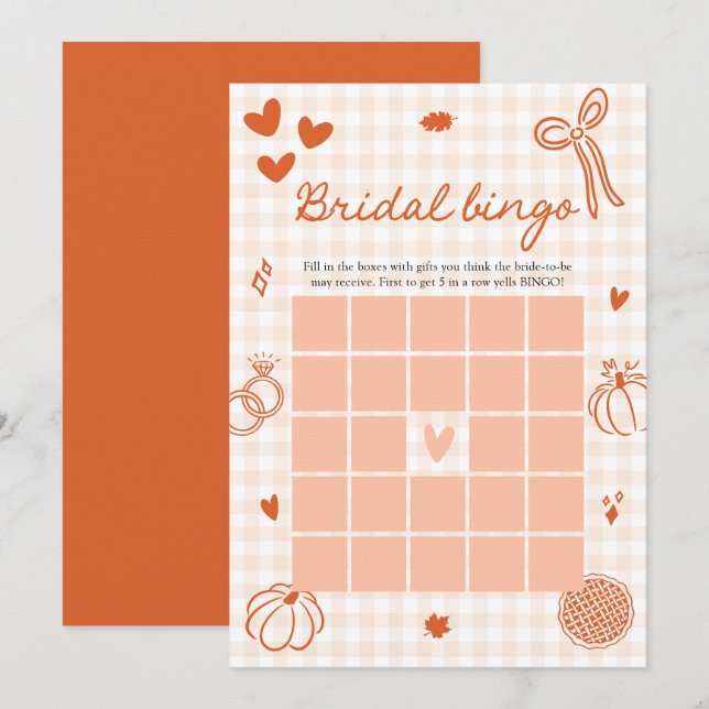 Invitation Jeu de bingo de mariage à carreaux orange dessinés (Devant / Derrière)