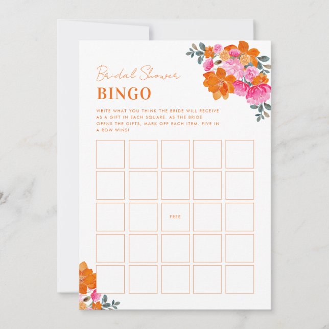 Invitation Jeu de bingo de mariage floral rose orange vif (Devant)