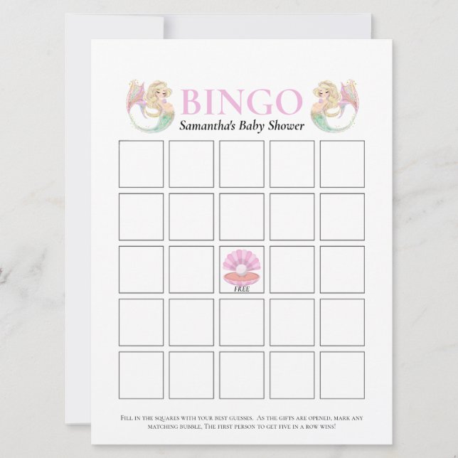 Invitation Jeu de Bingo Mère Sirène Baby Shower Rose Blanc  (Devant)