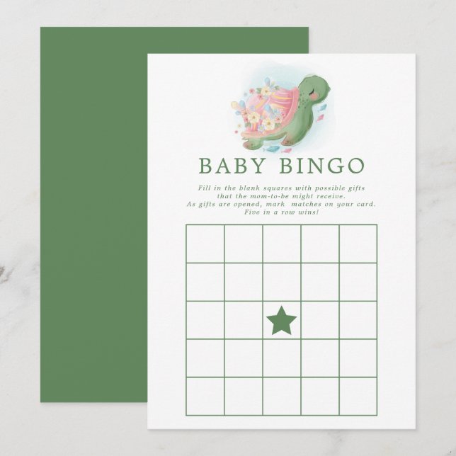 Invitation Jeu de bingo pour Baby Shower Tortue marine floral (Devant / Derrière)