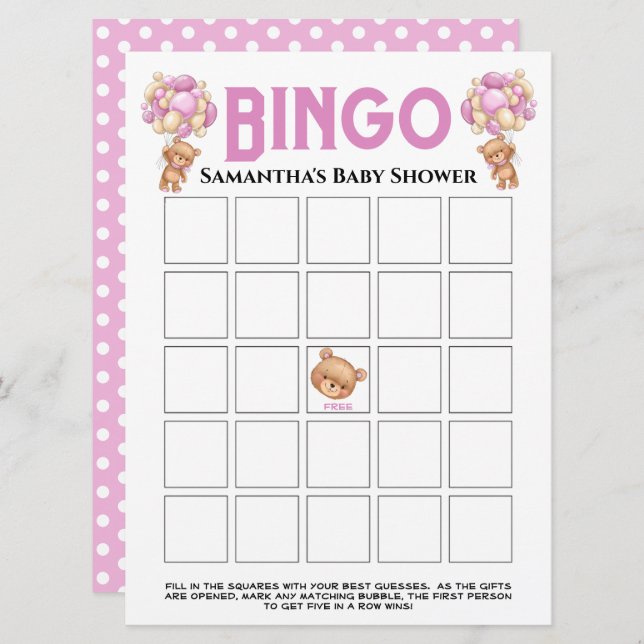 Invitation Jeu de bingo Rose Pailleté Ourson Fille pour Baby  (Devant / Derrière)