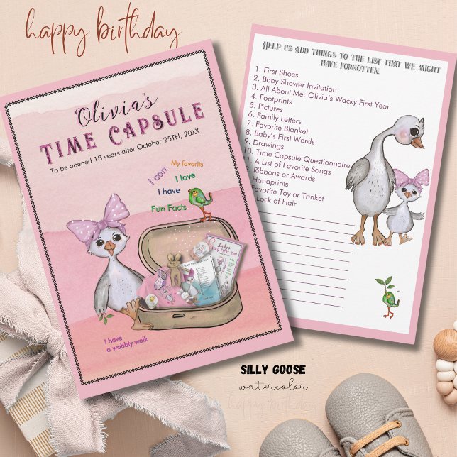 Invitation Jeu de capsule temporelle d'anniversaire de l'oie  (Silly Goose Pink Bow Birthday Time Capsule Game Invitation)
