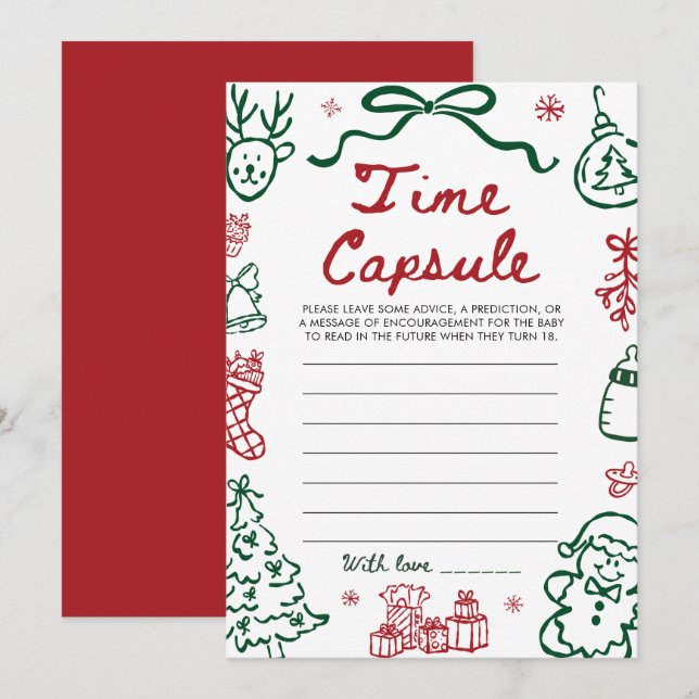 Invitation Jeu de capsule temporelle de Noël en hiver Rouge V (Devant / Derrière)
