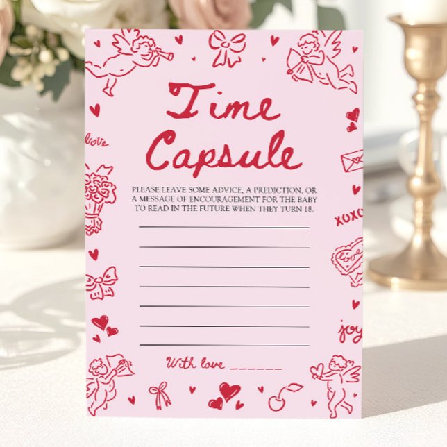 Invitation Jeu de capsule temporelle pour Baby Shower dessiné (Pink Hand Drawn Baby Shower Time Capsule Game)
