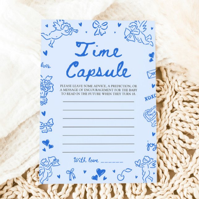 Invitation Jeu de capsule temporelle pour baby shower dessiné (Blue Hand Drawn Baby Shower Time Capsule Game)