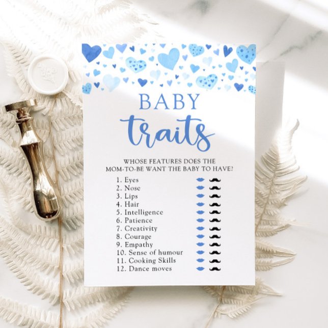 Invitation Jeu de caractéristiques de bébé à la douche de béb (Watercolor Blue Hearts Valentine Sweetheart Heartbreaker February Boy Baby Traits Baby Shower Game)