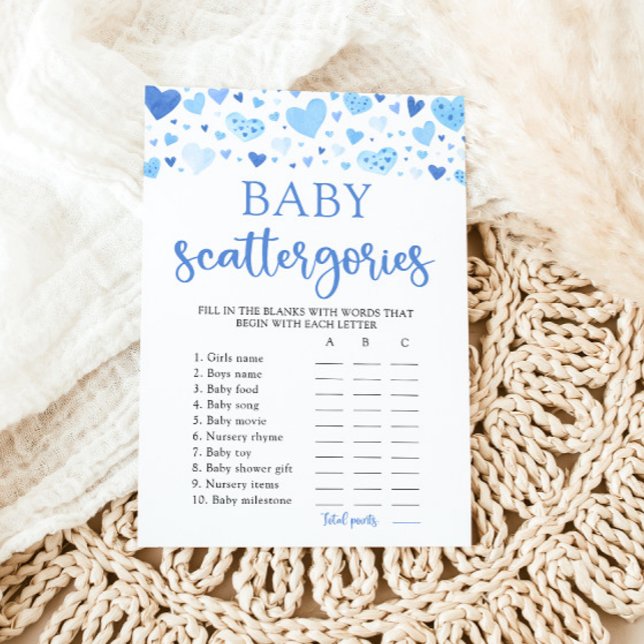 Invitation Jeu de Catégories de Baby Shower Blue Valentine (Watercolor Cute Blue Hearts Valentine Sweetheart February Boy Baby Scattegories Baby Shower Game)