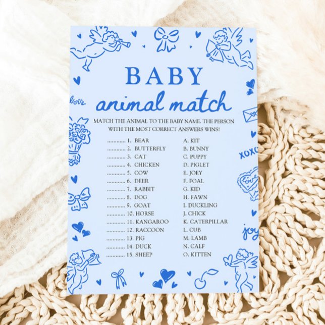 Invitation Jeu de correspondance d'animaux bébé dessinés à la (Blue Hand Drawn Baby Animal Match Baby Shower Game )