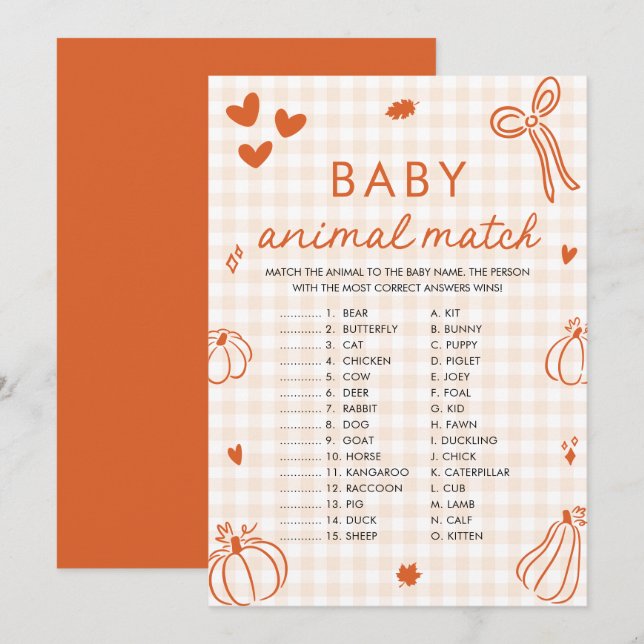 Invitation Jeu de correspondance de bébé animal de citrouille (Devant / Derrière)