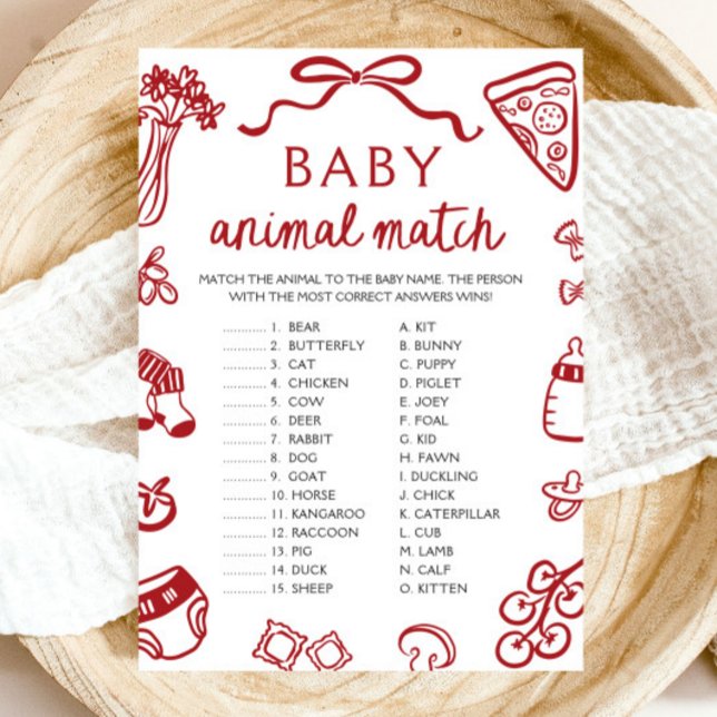 Invitation Jeu de correspondance de bébé animal dessiné à la  (Red Hand Drawn Baby Animal Match Baby Shower Game)
