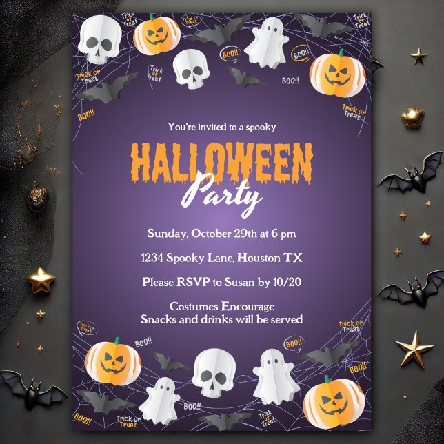 Invitation Jeu de costume pour enfants éffrayant ou traitemen (Spooky Kids Costume Party Trick or Treat Halloween Invitation Template)