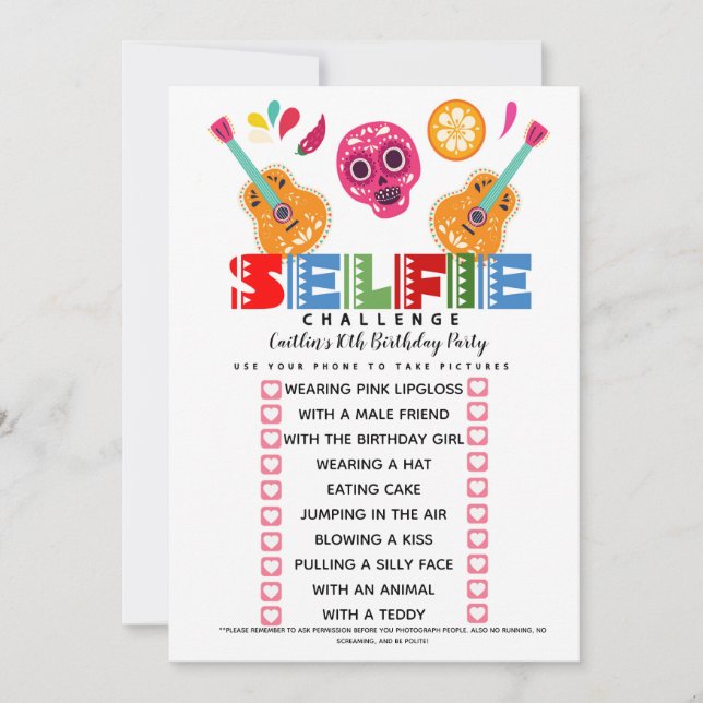 Invitation jeu de défi selfie fête d'anniversaire fiesta (Devant)