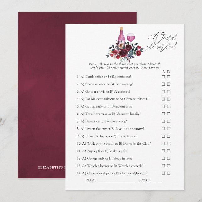 Invitation Jeu de dégustation de vin bordeaux et marine pour  (Devant / Derrière)