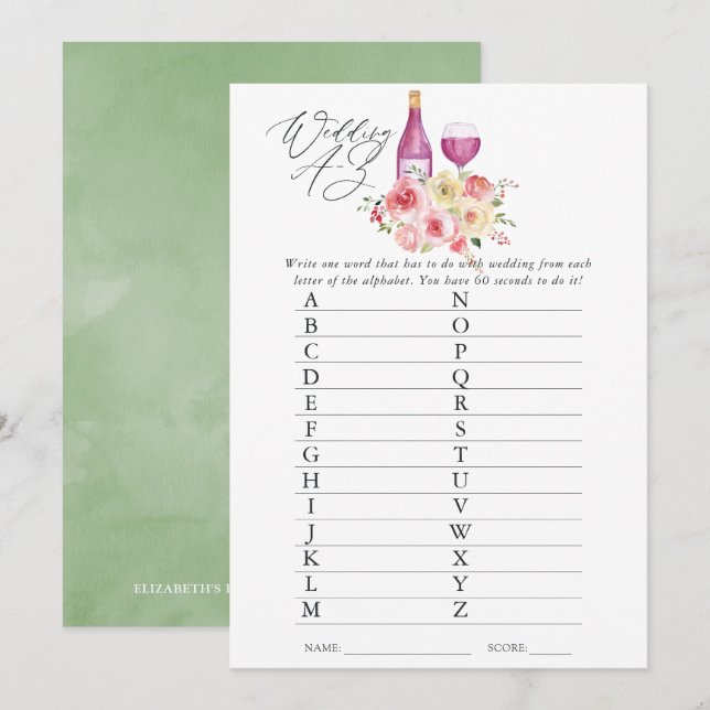 Invitation Jeu de dégustation de vin pour mariage floral A-Z (Devant / Derrière)