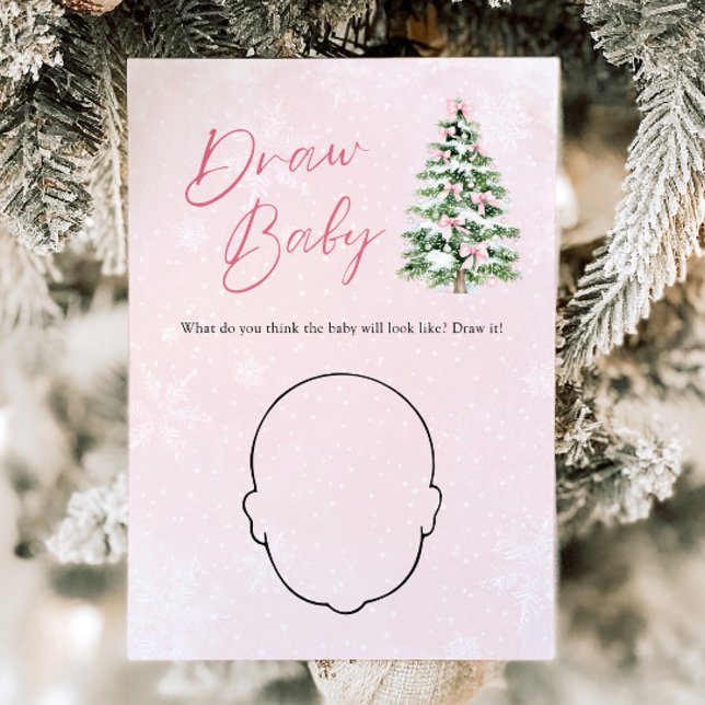 Invitation Jeu de dessin de bébé pour Baby Shower avec un sap (Pink Bow Christmas Tree Baby Shower Draw Baby Game)