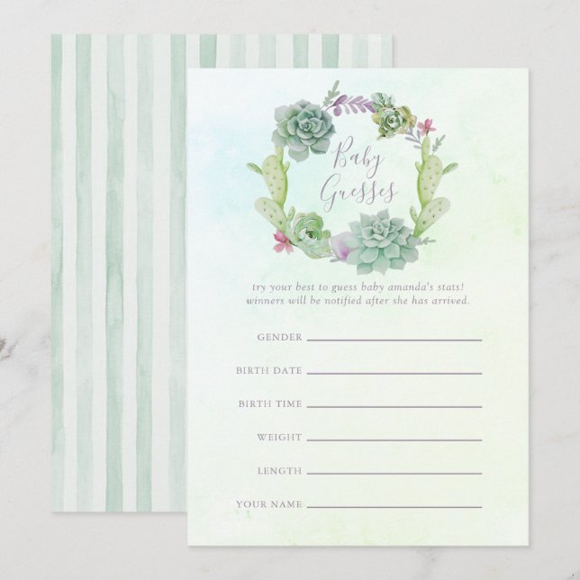 Invitation Jeu de devinette Baby Shower Succulentes Aquarelle (Devant / Derrière)