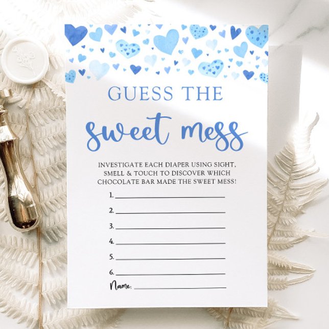 Invitation Jeu de devinette de douceur pour Baby Shower aux c (Watercolor Cute Blue Hearts Valentine Sweetheart February Boy Guess the Sweet Mess Baby Shower Game)