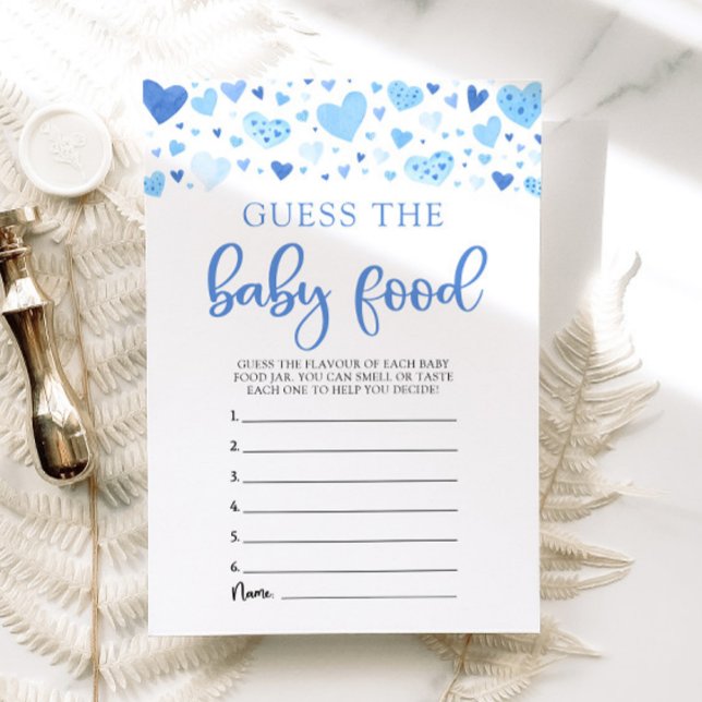 Invitation Jeu de devinette de nourriture pour bébé Blue Hear (Watercolor Cute Blue Hearts Valentine Sweetheart February Boy Guess the Baby Food Baby Shower Game )