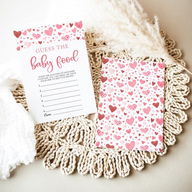 Invitation Jeu de devinette de nourriture pour bébé Cœurs ros (Watercolor Cute Pink Red Hearts Valentine Sweetheart Baby Girl Guess the Baby Food Baby Shower Game)