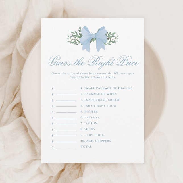 Invitation Jeu de devinette de prix de Baby Shower avec un él (Elegant Blue Bow Guess the Right Price Baby Shower Games.)
