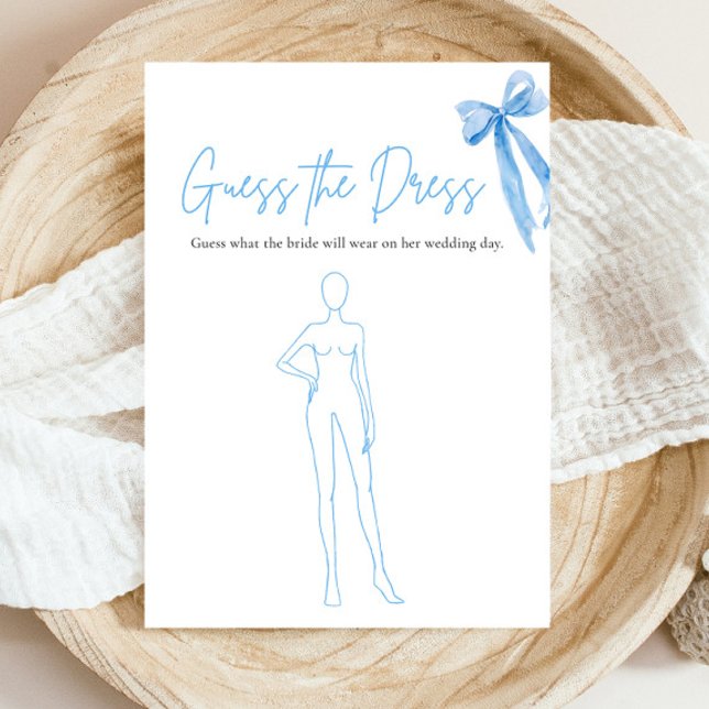 Invitation Jeu de devinette de robe de mariée avec un nœud bl (Modern Watercolor Dusty Blue Bow Guess The Dress Bridal Shower Game)