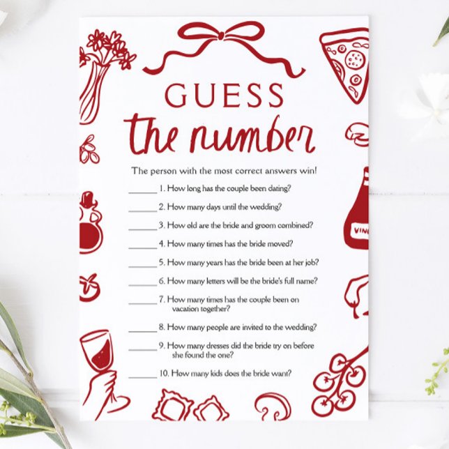 Invitation Jeu de devinette du nombre pour enterrement de vie (Red Italian Guess the Number Bridal Shower Game)