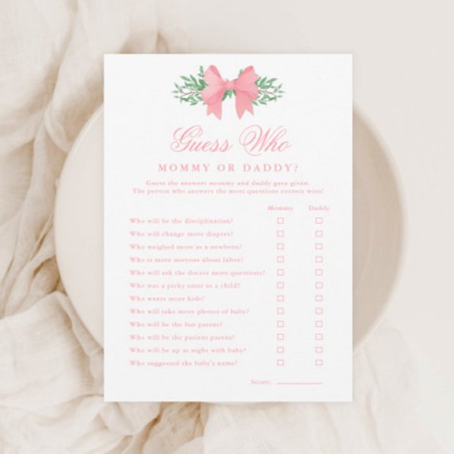 Invitation Jeu de devinette Élégant Ruban Rose pour Baby Show (Elegant Pink Bow Guess Who Baby Shower Mommy or Daddy Games.)