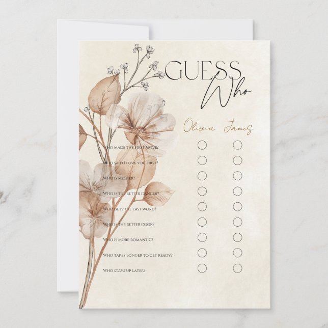 Invitation Jeu de devinette floral marron pour mariage (Devant)