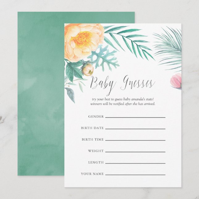 Invitation Jeu de devinette pour Baby Shower Tropical Mint Fl (Devant / Derrière)
