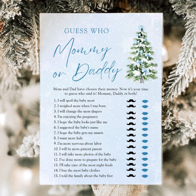 Invitation Jeu de devinette pour bébé shower avec un sapin de (Blue Bows Christmas Tree Guess Who Mom or Dad Game)