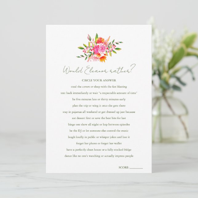 Invitation Jeu de douche florale personnalisé 'Would She Rath (Debout devant)