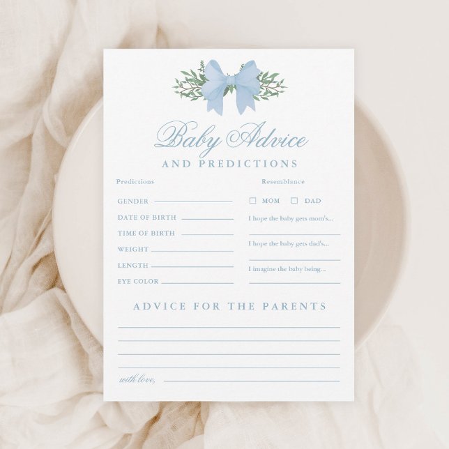 Invitation Jeu de douche pour conseils et prédictions pour bé (Elegant Blue Bow Baby Advice and Predictions Shower Game.)