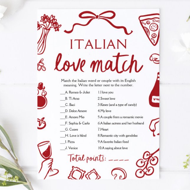 Invitation Jeu de fête de fiançailles Red Amore Italian Love  (Red Amore Italian Love Match Bridal Shower Game)