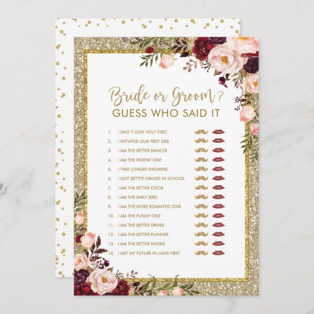 Invitation Jeu de Fête de la mariée de parties scintillantes (Devant / Derrière)