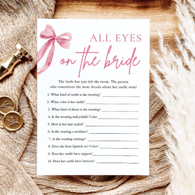 Invitation Jeu de fête de mariage en rose: Toute l'attention  (Pink Bow All Eyes On The Bride Bridal Shower Game)