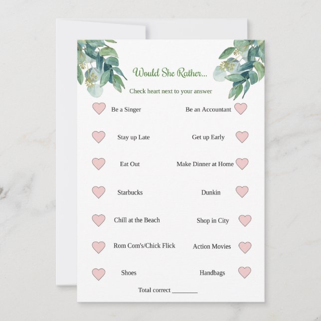 Invitation Jeu de Fête de Mariage : Préfèrerait-Elle (Devant)