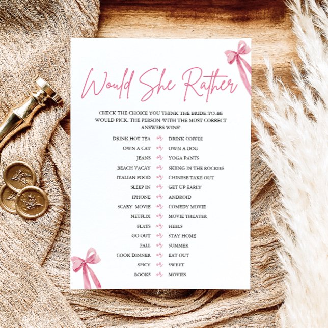 Invitation Jeu de Fête de Mariage Rose Pâle 'Elle Préférerait (Blush Pink Bow Would She Rather Bridal Shower Game)