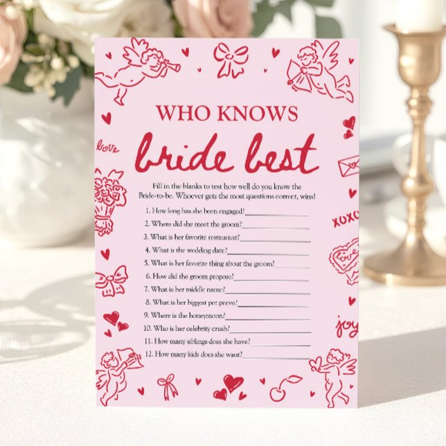 Invitation Jeu de fête de mariage rose Qui connaît le mieux l (Pink Who Knows The Bride Best Bridal Shower Game)