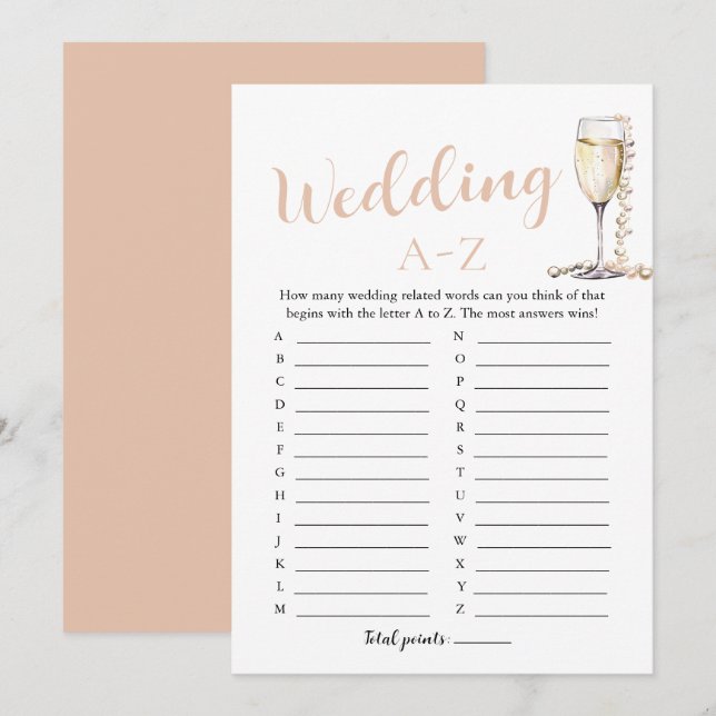 Invitation Jeu de Fête des mariées A-Z pour Mariage de perles (Devant / Derrière)