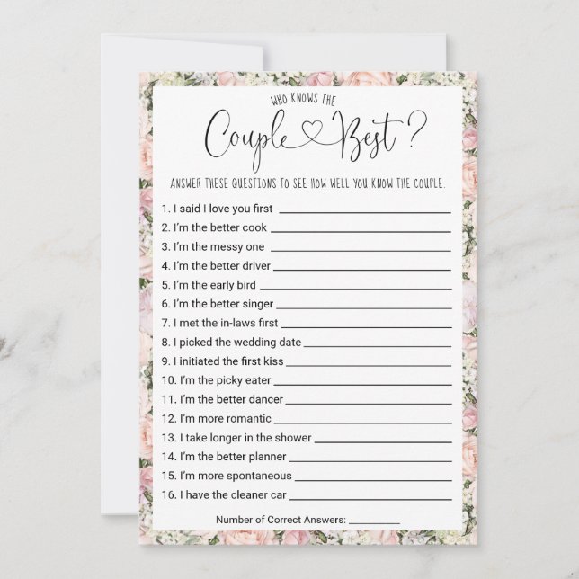 Invitation Jeu de Fête des mariées Qui connaît le plus le cou (Devant)