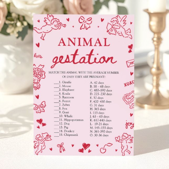 Invitation Jeu de fête prénatale pour bébé sur la gestation a (Pink Valentine Animal Gestation Baby Shower Game)